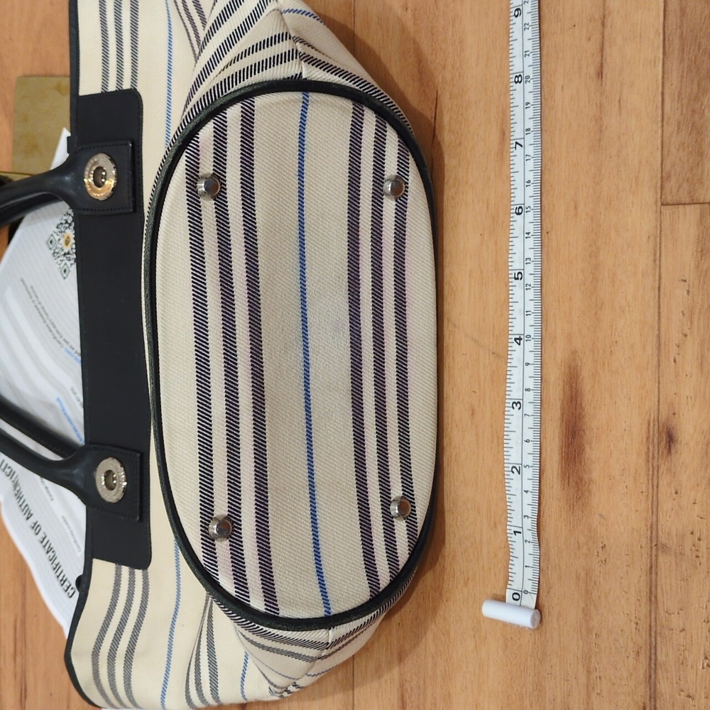Burberry Canvas Striped Black Leather Trim Tote Purse Bag With COA Callouts - Picture 15 of 17